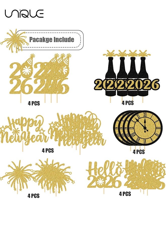 يونيك تزيينات كب كيك رأس السنة - 24 قطعة اختيار كب كيك مرحبًا 2026 بتصميم أسود وذهبي بلمعان وألعاب نارية تحية لعام 2026 ديكورات كعك للعطلات الشتوية وحفلات ليلة رأس السنة - Image 4