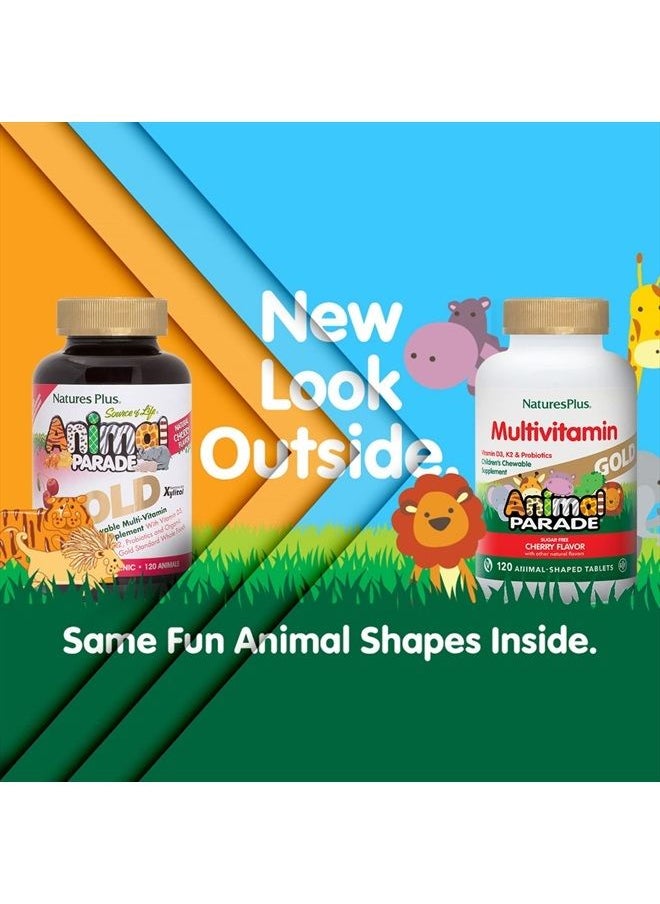 Nature's Plus - NaturesPlus Animal Parade Gold Children's Chewable Multivitamin - Natural Cherry Flavor - 60 Animal Shaped-Tablets - with Vitamin D3, K2 & Probiotics - Vegetarian & Gluten Free - 30 Servings - Image 1