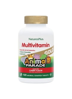 NaturesPlus Animal Parade Gold Children's Chewable Multivitamin - Natural Cherry Flavor - 60 Animal Shaped-Tablets - with Vitamin D3, K2 & Probiotics - Vegetarian & Gluten Free - 30 Servings