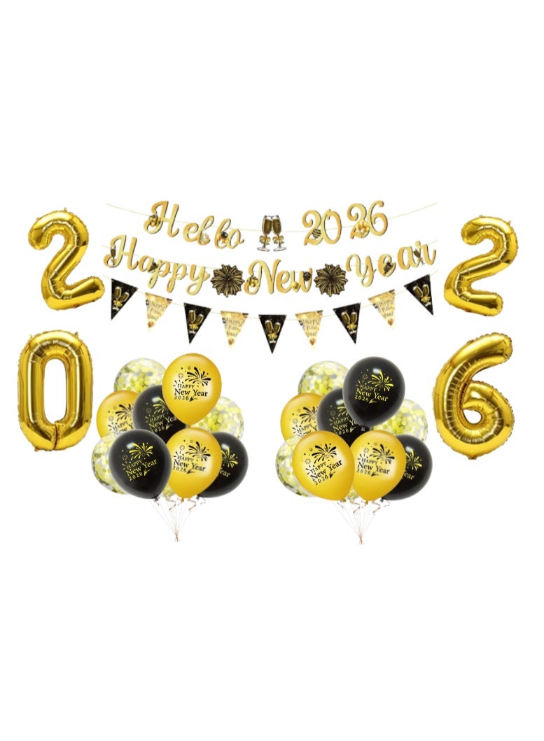 “2026 New Year Party Decoration Set – Gold Number Balloons, Happy New Year Banner & Latex Balloons (Black/Gold/Confetti)” - Image 1