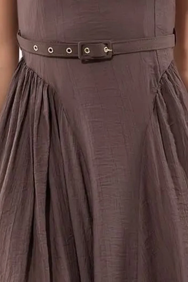 Busem Mocha Brown BUSEM Square Collar Belted Midi Dress for Women | Best Price UAE
