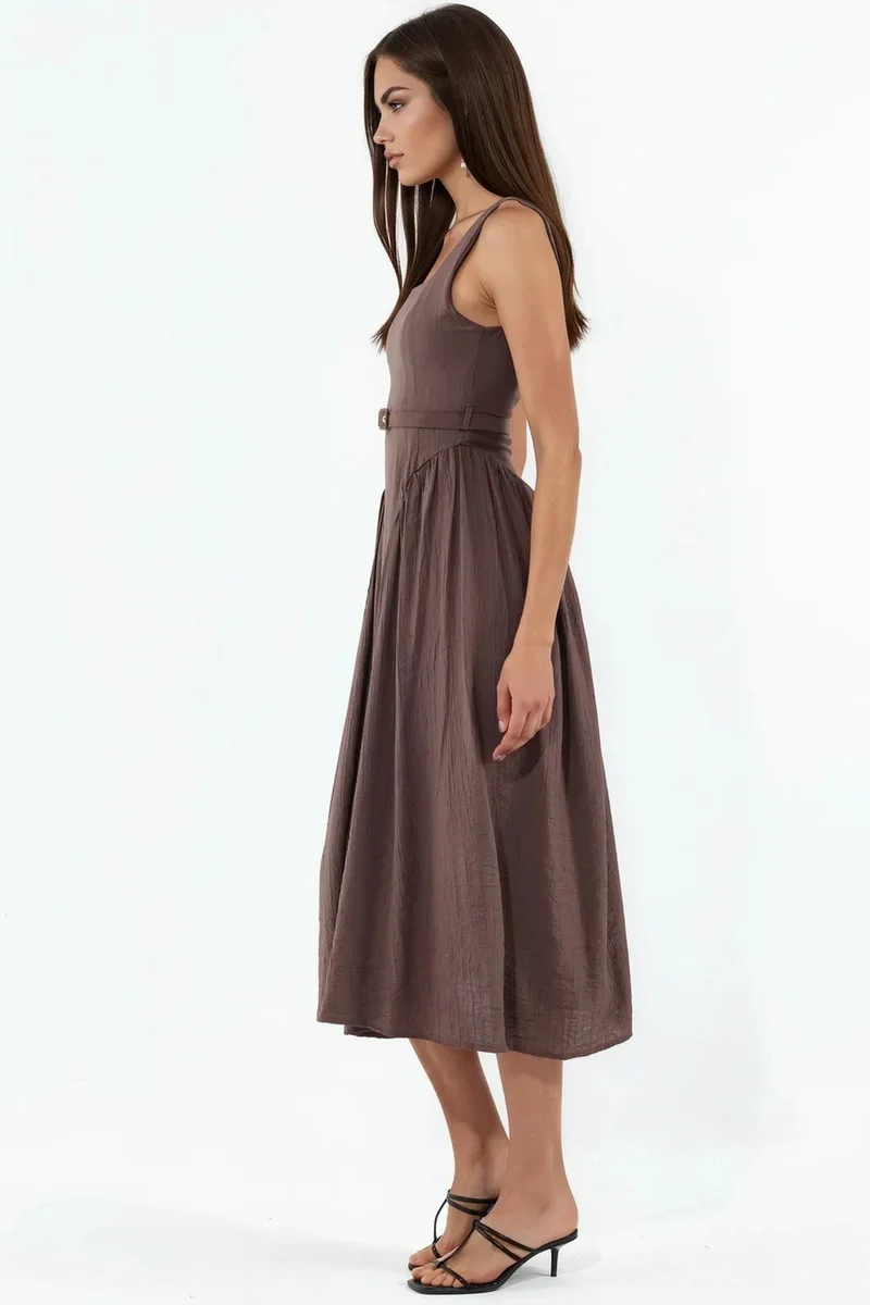 Busem Mocha Brown BUSEM Square Collar Belted Midi Dress for Women | Best Price UAE
