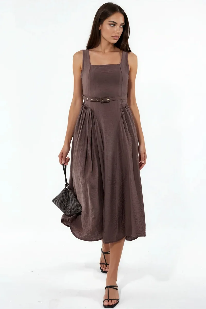 BUSEM Square Collar Belted Midi Dress