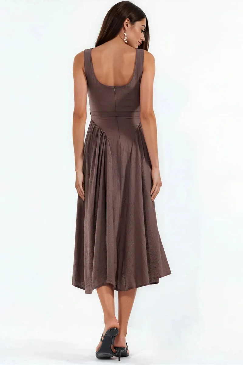 Busem Mocha Brown BUSEM Square Collar Belted Midi Dress for Women | Best Price UAE