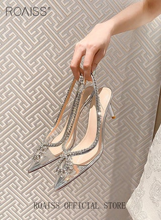 Women Rhinestone Decor Slingbacks PVC Stiletto Heeled Glamorous Pumps Fashion Crystal High Heels Slip On Slingback Pointed Closed Toe Transparent PVC Dress Wedding Sandals Summer Shoes - view 5