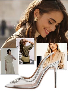 roaiss Women Rhinestone Decor Slingbacks PVC Stiletto Heeled Glamorous Pumps Fashion Crystal High Heels Slip On Slingback Pointed Closed Toe Transparent PVC Dress Wedding Sandals Summer Shoes  - Image 5
