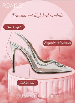 roaiss Women Rhinestone Decor Slingbacks PVC Stiletto Heeled Glamorous Pumps Fashion Crystal High Heels Slip On Slingback Pointed Closed Toe Transparent PVC Dress Wedding Sandals Summer Shoes  - Image 1