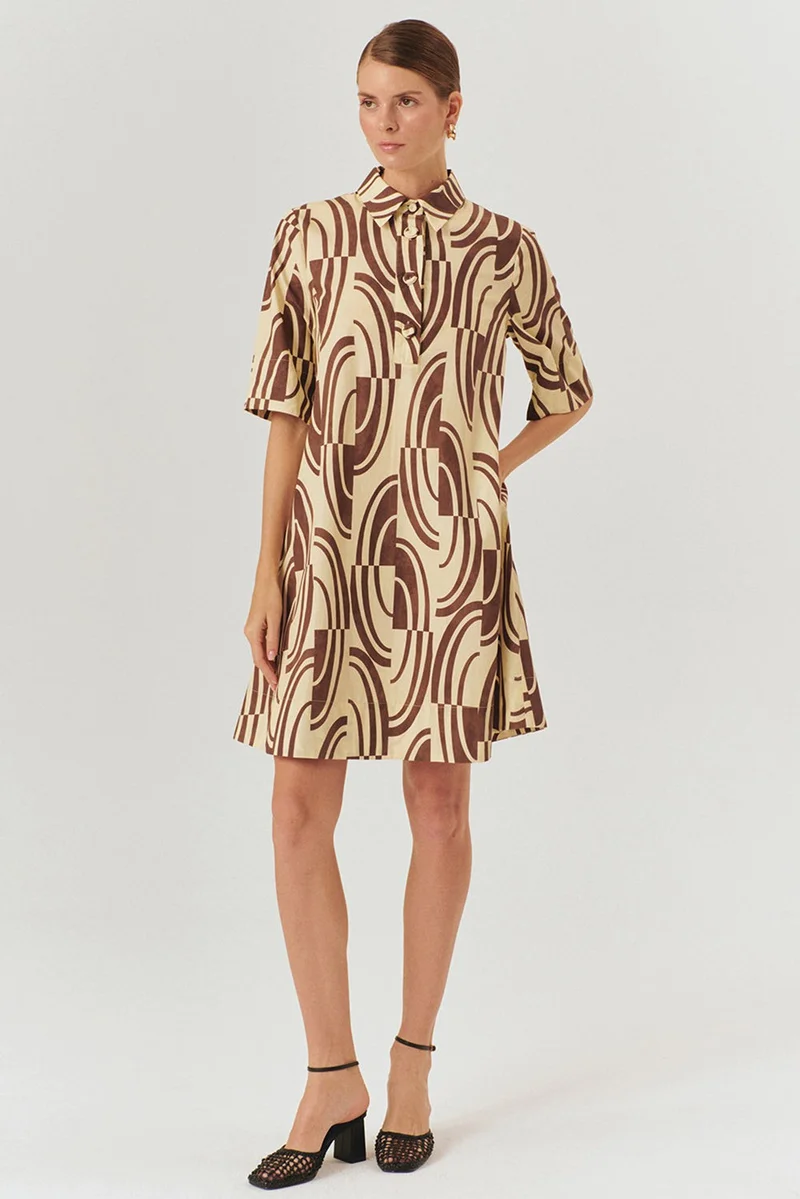 EXQUISE Abstract Patterned Cotton Shirt Collar Regular Dress with Buckle Belt Detail