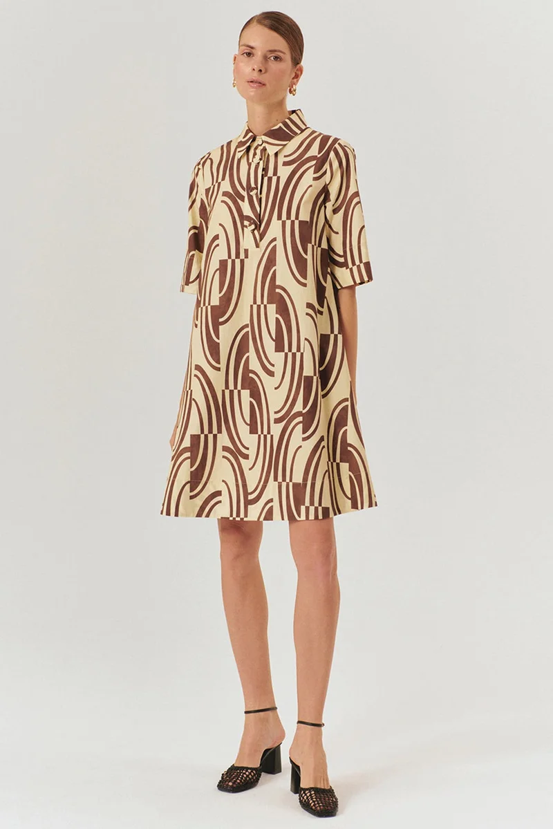 EXQUISE Abstract Patterned Cotton Shirt Collar Regular Dress with Buckle Belt Detail