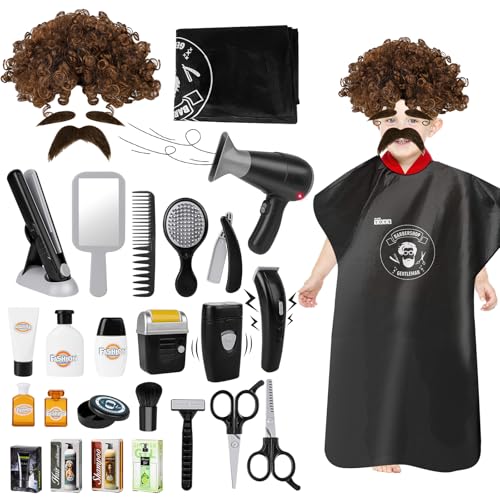 deAO Barber Shop Pretend Play Toy29 PCS Kids Shaving Kit for BoysStyling Accessories with Hair DryerHair StraightenerStylist ApronBoys Grooming Salon Set Gift for Kids 3 - Image 1