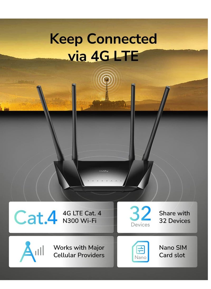 cudy - Cudy N300 WiFi Unlocked 4G LTE Router with SIM Card Slot, 300Mbps WiFi, LTE Cat4, EC25-AFX Qualcomm Chipset, 5dBi High Gain Antennas, FDD, DDNS, VPN, Cloudflare, Plug and Play - Image 1