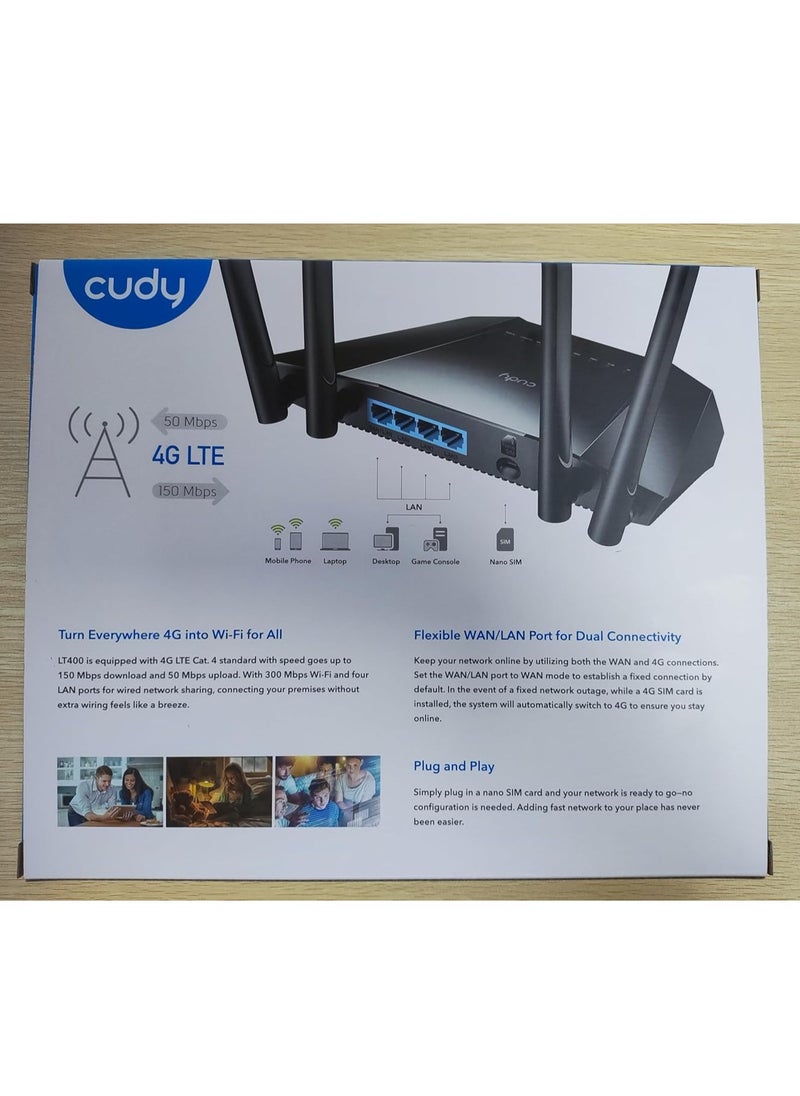 cudy - Cudy N300 WiFi Unlocked 4G LTE Router with SIM Card Slot, 300Mbps WiFi, LTE Cat4, EC25-AFX Qualcomm Chipset, 5dBi High Gain Antennas, FDD, DDNS, VPN, Cloudflare, Plug and Play - Image 1