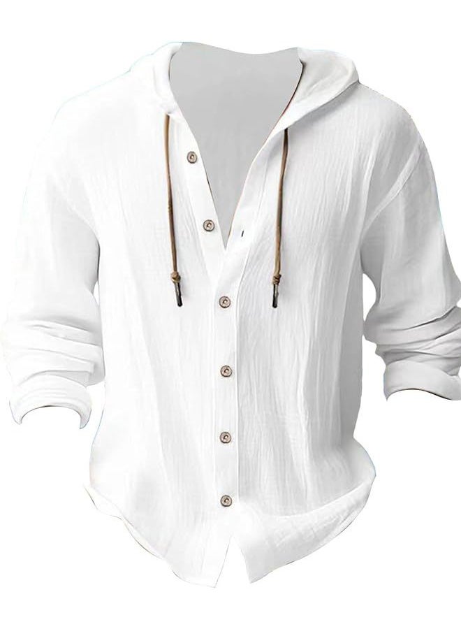 Men's Hooded T-Shirt  Summer Casual Cotton Linen Shirt Long Sleeve Top with Pocket  - Image 2