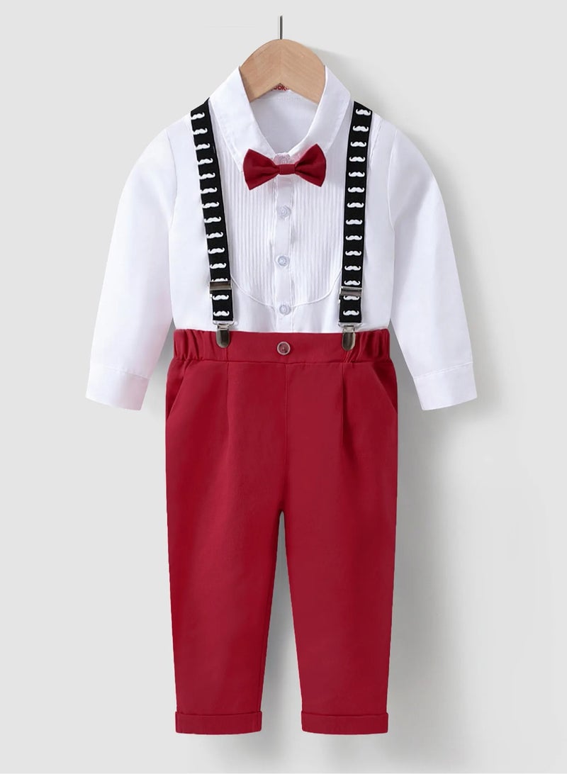Kookie Kids Shirt with Bow and Pants with Suspender Set - White & Red  - Image 1