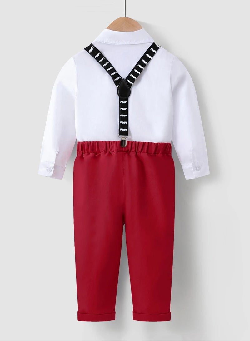 Kookie Kids Shirt with Bow and Pants with Suspender Set - White & Red  - Image 2