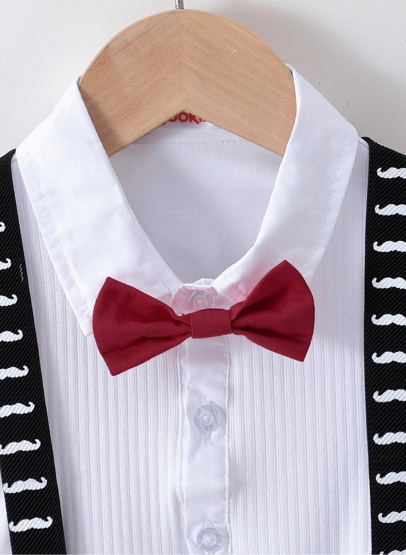 Kookie Kids Shirt with Bow and Pants with Suspender Set - White & Red  - Image 3