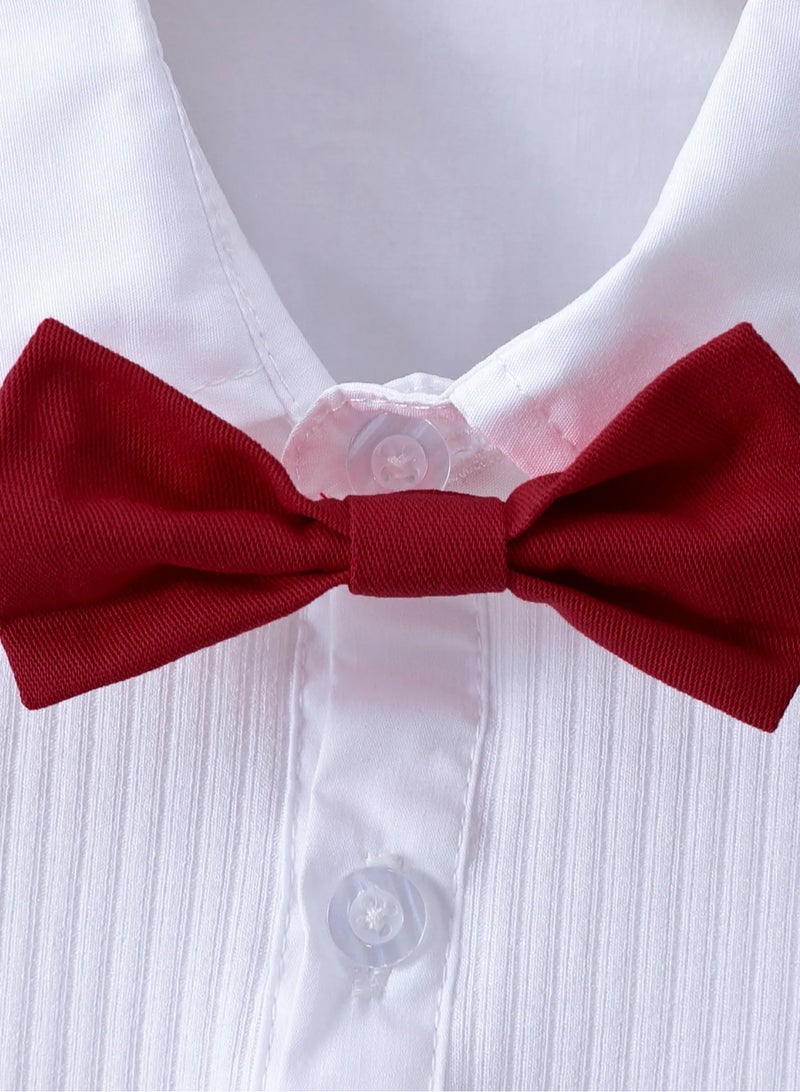 Kookie Kids Shirt with Bow and Pants with Suspender Set - White & Red  - Image 4