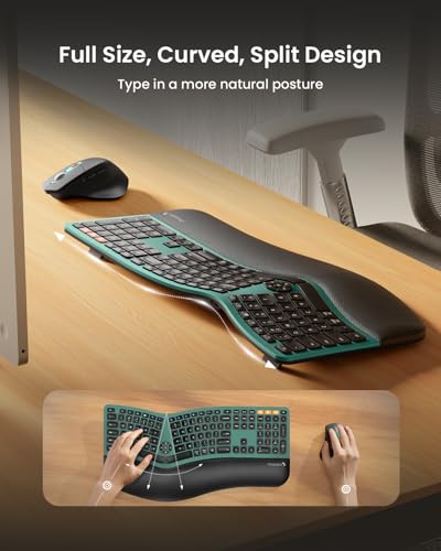 ProtoArc Ergonomic Wireless Keyboard Mouse, EKM01 Plus Full Size Ergo Bluetooth Keyboard Mouse Combo, Split Design, Wrist Rest, Multi-Device, Rechargeable, for Windows/Mac OS - Green - Image 2
