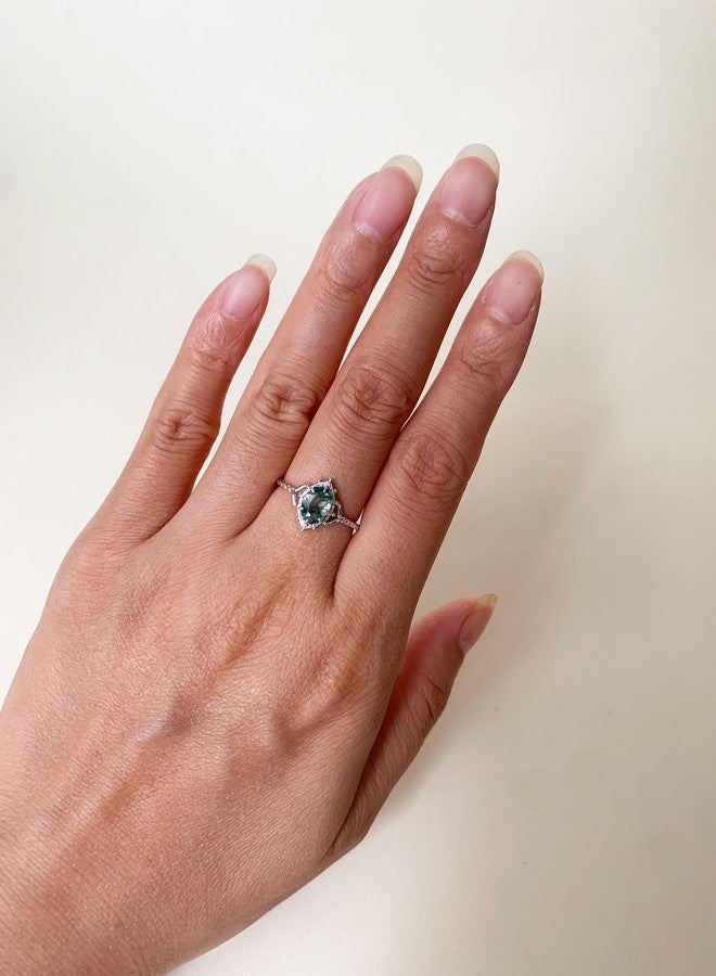 يس ليدي خاتم خطوبة من العقيق الطحلبي من YESLADY، فضي اللون، بحجر بيضاوي أخضر طبيعي فريد من نوعه، بتصميم سوليتير عتيق، هدية مثالية لحفلات الزفاف، مقاس 9.5 - Image 4