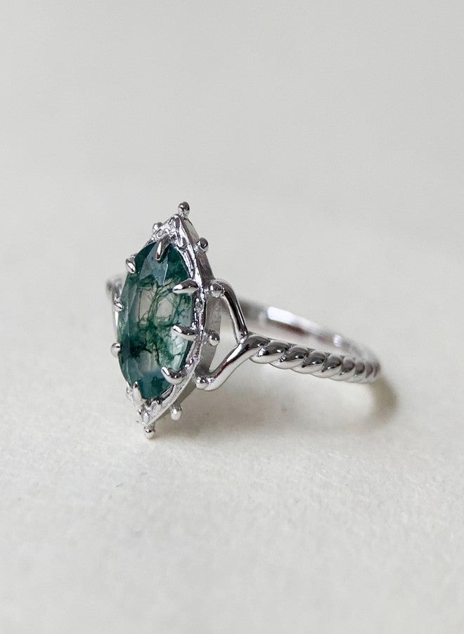 يس ليدي خاتم خطوبة من العقيق الطحلبي من YESLADY، فضي اللون، بحجر بيضاوي أخضر طبيعي فريد من نوعه، بتصميم سوليتير عتيق، هدية مثالية لحفلات الزفاف، مقاس 9.5 - Image 3