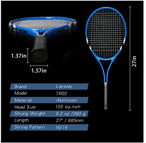 Layway Tennis Rackets 2 Players Recreational for Beginners,Pre-Strung 27 Inch Light Adult Racquet Set for Women Men with Tennis Balls,Overgrips and Carry Bag (Blue) - Image 3