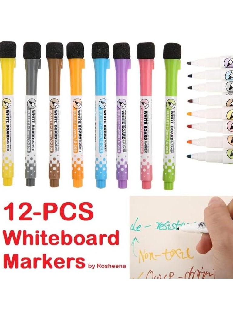 Generic - 12-PACK Magnetic Fine Tip Dry Erase Color Markers for White Board, Smooth Odorless Markers Pens with Eraser, Color Markers for Whiteboard, Rosheena Dry Erase Markers for Kids Office School - Image 1
