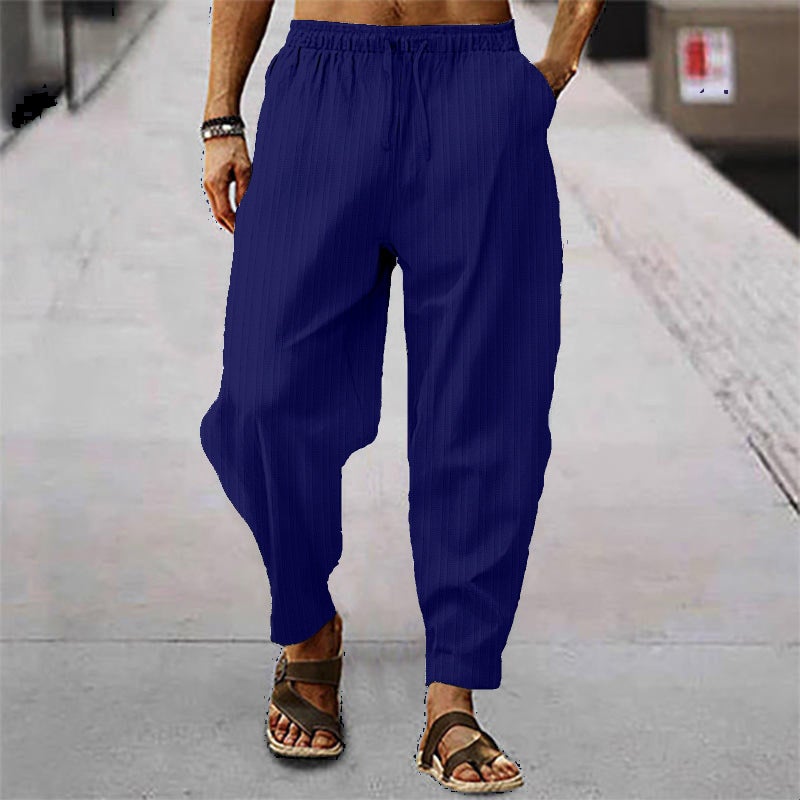 Mens Summer Hip-Hop Cotton Linen Striped Casual Pants Navy blue