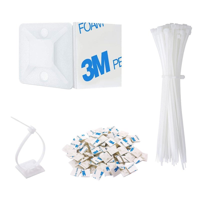 Allwin Strong Back-Glue Self Adhesive Cable Zip Tie Mounts Kit - 100 Set Cable Management Clips with 6" Zip Ties, Wire Holders - Outdoor Sticky Wire Organizer Clips - White - Image 1