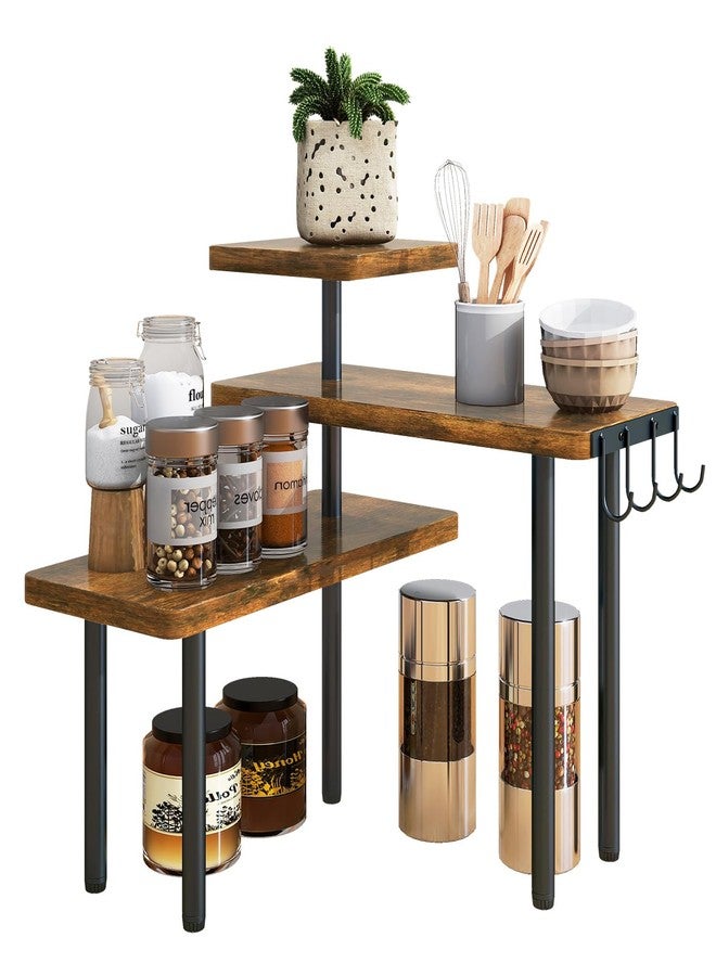 IBUYKE Countertop Organizer,3-Tier Spice Racks,Kitchen Counter Corner Shelf,4 Side Hooks,Adjustable Countertop Shelf for Kitchen, Bathroom, Coffee Bar, Cabinet, Desk,Rustic Brown,TLJ023H - Image 1