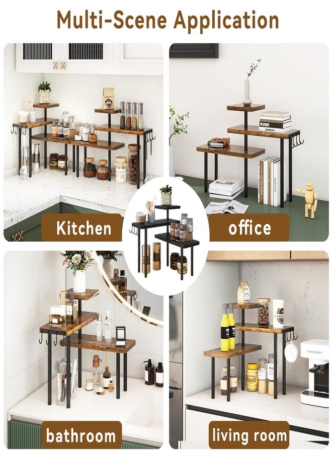 IBUYKE Countertop Organizer,3-Tier Spice Racks,Kitchen Counter Corner Shelf,4 Side Hooks,Adjustable Countertop Shelf for Kitchen, Bathroom, Coffee Bar, Cabinet, Desk,Rustic Brown,TLJ023H - Image 5