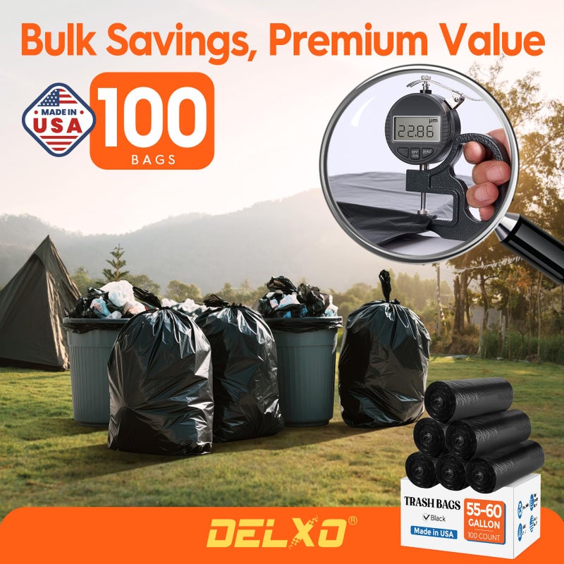 Delxo 55-60 Gallon Trash Bags, 100 Count â€“ 0.9 Mil Medium Duty Garbage Bags, Durable & Puncture-Resistant Plastic Bolsas para basura, Perforated Designâ€“ Made in USA for Kitchen, Yard, Office (Black) - Image 3