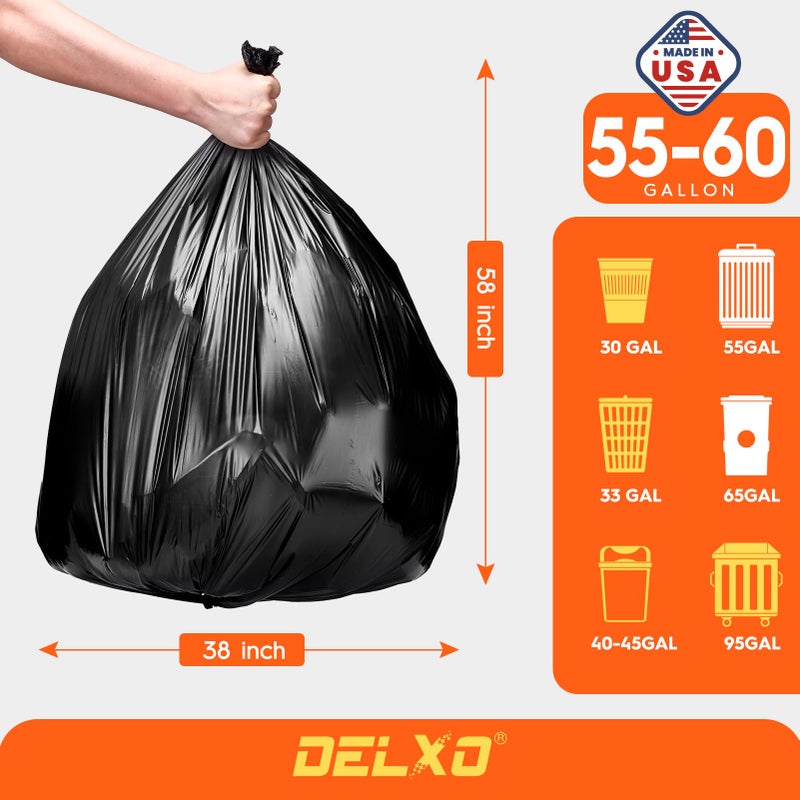 Delxo 55-60 Gallon Trash Bags, 100 Count â€“ 0.9 Mil Medium Duty Garbage Bags, Durable & Puncture-Resistant Plastic Bolsas para basura, Perforated Designâ€“ Made in USA for Kitchen, Yard, Office (Black) - Image 2
