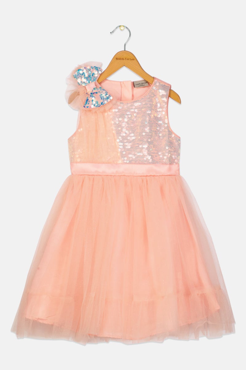Lunamoon Kids Girl Textured Partywear Dress, Peach - Image 1
