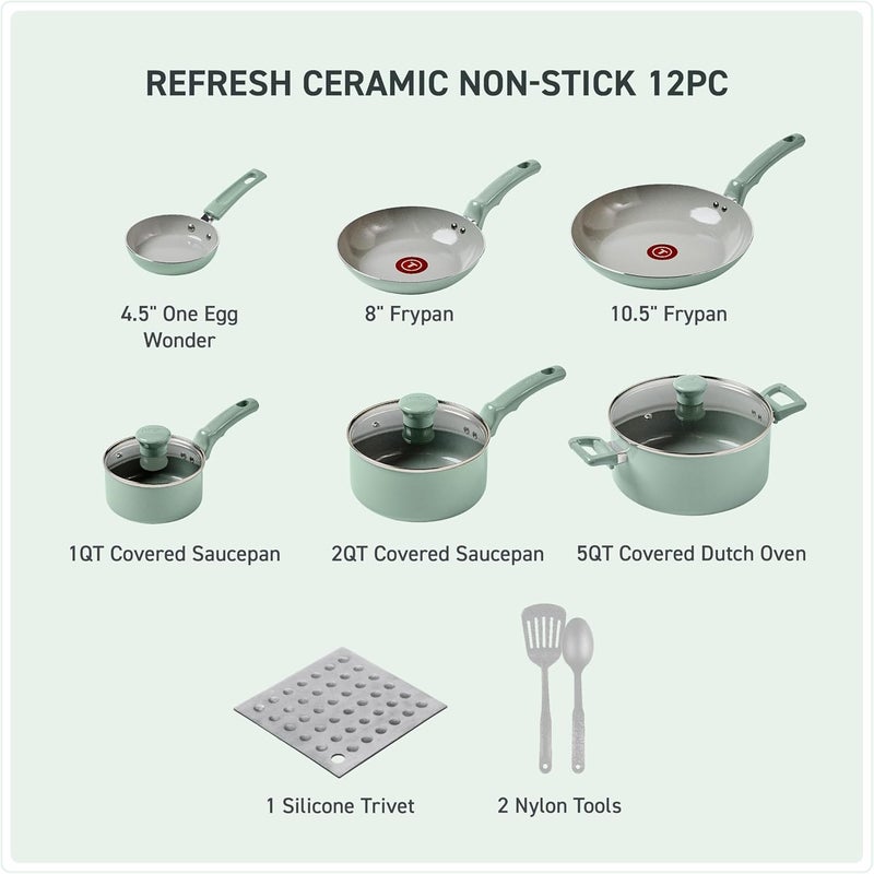 T-fal Tefal Ceramic Refresh, Ceramic Nonstick Cookware Set 12 Piece, Oven Broiler Safe 350F, Cookware, Kitchen Cooking Set w/Fry Pans, Saucepans, & Kitchen Utensils, Pots, Pans, Mint Green - Image 2