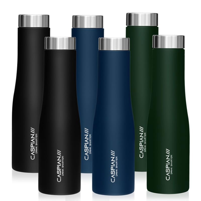CASPIAN /// Aqua Stainless Steel Water Bottle (Black, Blue & Green, 1 Litre, Set of 6)| Leak Proof Thunder for Fridge Home Office Travel School Kids Boys Girls Adults Sports Gym Yoga - Image 1
