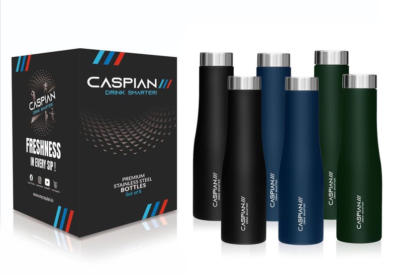 CASPIAN /// Aqua Stainless Steel Water Bottle (Black, Blue & Green, 1 Litre, Set of 6)| Leak Proof Thunder for Fridge Home Office Travel School Kids Boys Girls Adults Sports Gym Yoga - Image 2