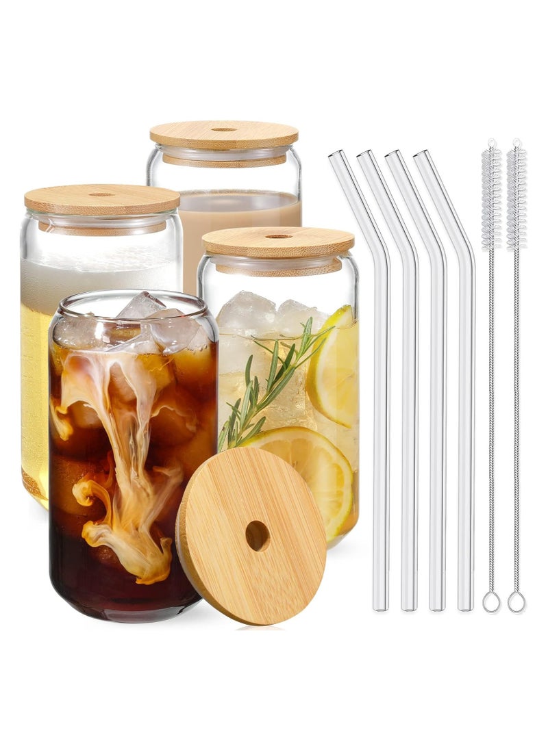 ماركة غير محددة طقم اكواب شرب من 4 قطع مع اغطية الخيزران وماصة زجاجية زجاجية على شكل علبة سعة 16 اونصة قهوة مثلجة كوب عصير - 2 فرشاة تنظيف  - Image 1