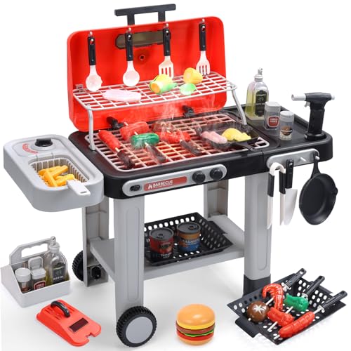 CUTE STONE Kids BBQ Grill Toys Color Changing Play Food Sizzling Sound  Light Effects Cool Mist Spray Pretend Cooking with Frying  Grilling 2Tier BBQ on Wheels  Kitchen Toy Gift Ideas - Image 1