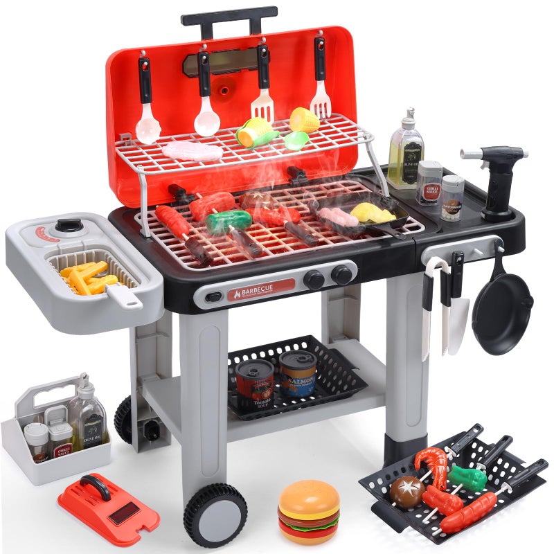CUTE STONE Kids BBQ Grill Toys Color Changing Play Food Sizzling Sound  Light Effects Cool Mist Spray Pretend Cooking with Frying  Grilling 2Tier BBQ on Wheels  Kitchen Toy Gift Ideas - Image 3