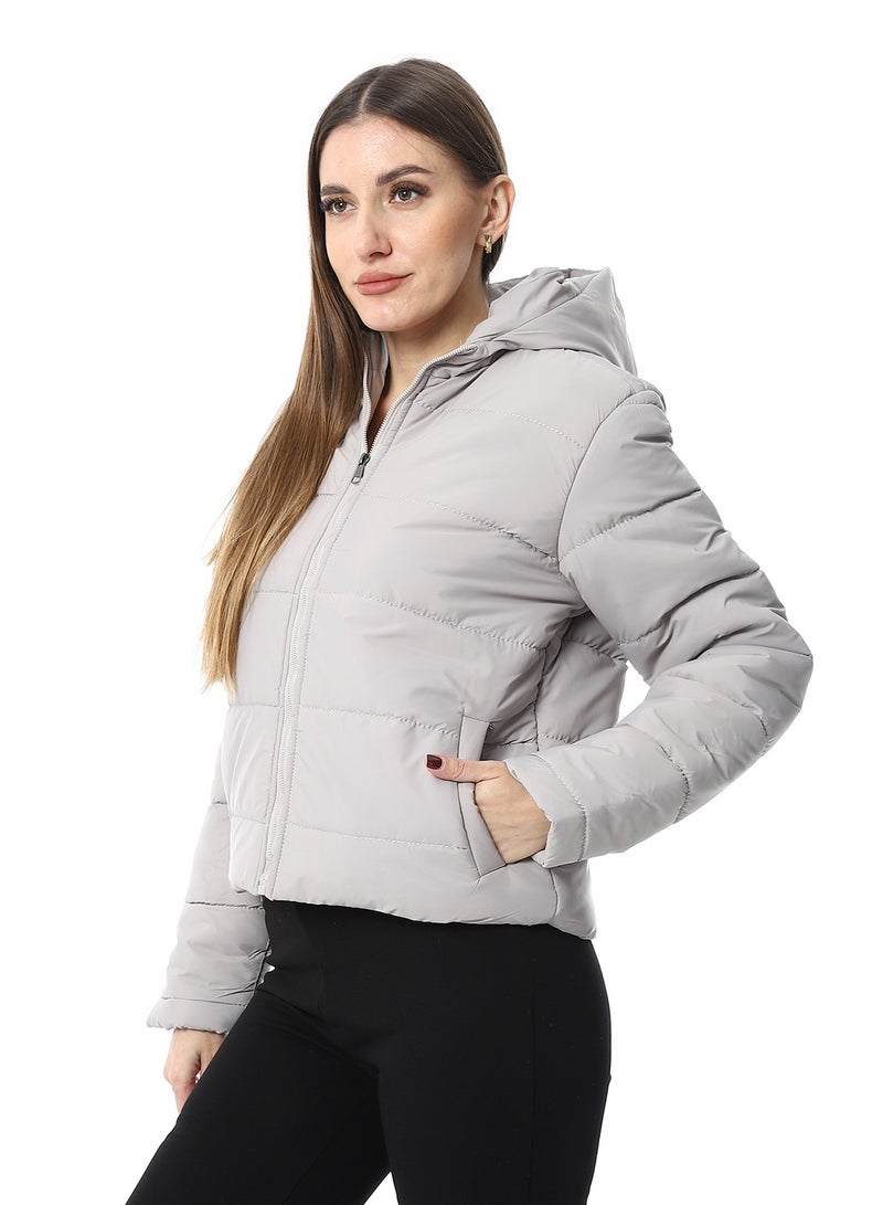 Andora Hooded Plain Puffer Jacket _ Ash Grey - Image 2