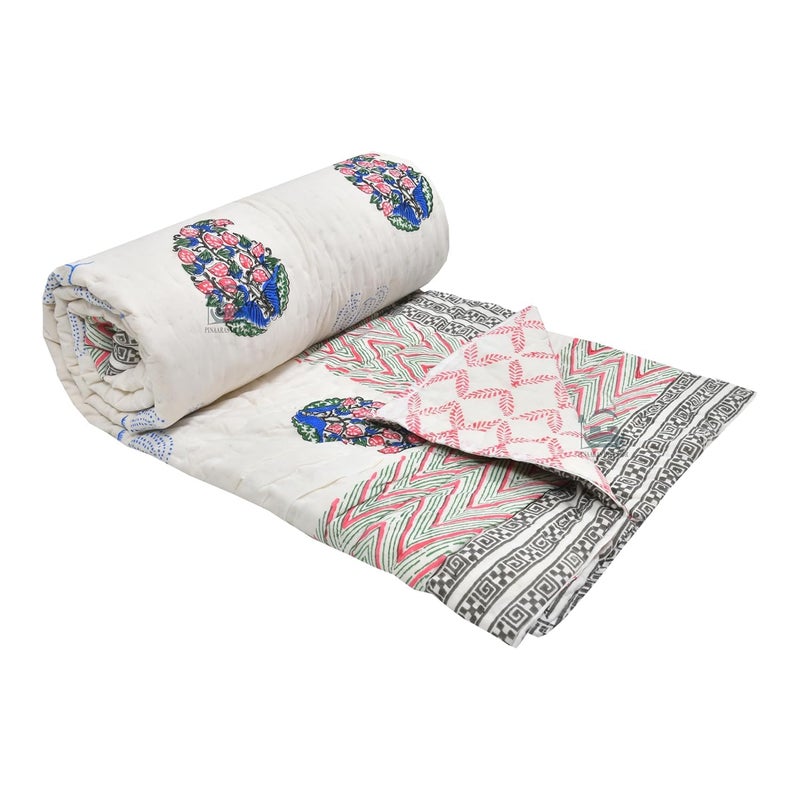 AARMOZY Cotton Pure Single Bed Hand Block Floral Buta Bail Print Quilt Blanket BluePink 60X90 INCHES - Image 1