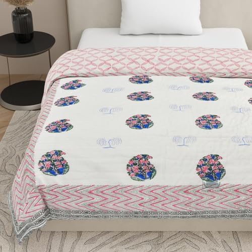 AARMOZY Cotton Pure Single Bed Hand Block Floral Buta Bail Print Quilt Blanket BluePink 60X90 INCHES - Image 3
