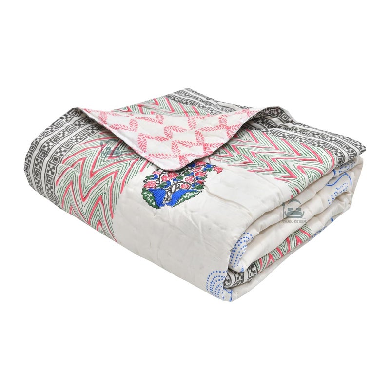 AARMOZY Cotton Pure Single Bed Hand Block Floral Buta Bail Print Quilt Blanket BluePink 60X90 INCHES - Image 2