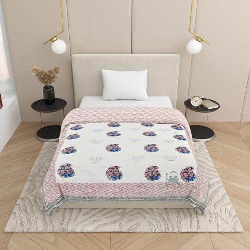 AARMOZY Cotton Pure Single Bed Hand Block Floral Buta Bail Print Quilt Blanket BluePink 60X90 INCHES - Image 4