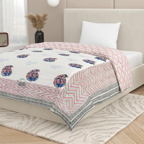 AARMOZY Cotton Pure Single Bed Hand Block Floral Buta Bail Print Quilt Blanket BluePink 60X90 INCHES - Image 5