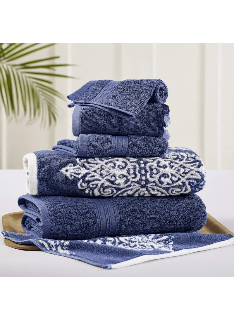 Modern Threads Modern Threads Artesia Damask 6Piece 100 Combed Cotton Reversible Yarn Dyed Jacquard Towel Set Indigo 