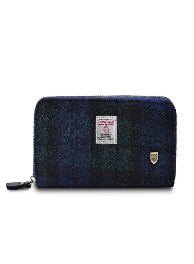 Islander HarrisTweed & PU Leather women’s long zip purse, Blackwatch Tartan, Carry Cash & card, Scottish Style - Image 1