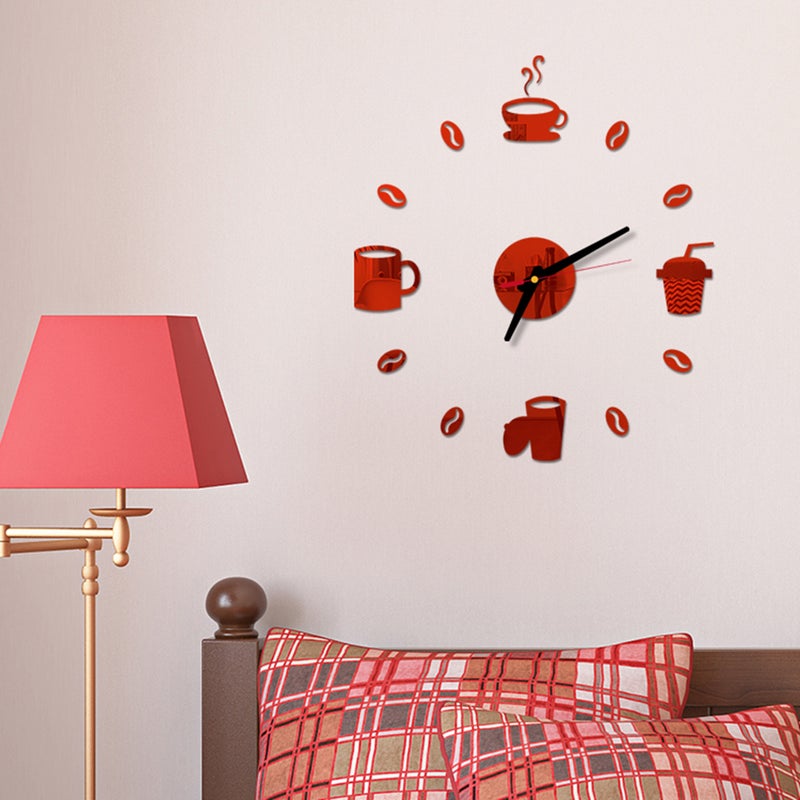Frameless DIY Wall Clock Coffe Drinking Cups Adhesive Modern Art Wall Clock Silent 3D Sticker Home Decorations for Living Room Bedroom - Red ( -004) - Image 3