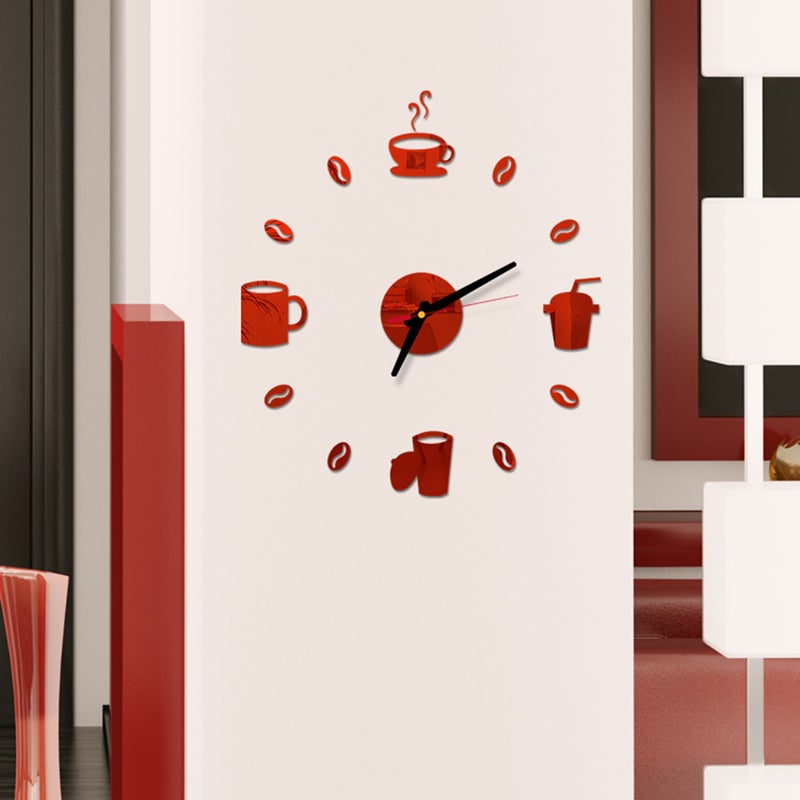 Frameless DIY Wall Clock Coffe Drinking Cups Adhesive Modern Art Wall Clock Silent 3D Sticker Home Decorations for Living Room Bedroom - Red ( -004) - Image 1