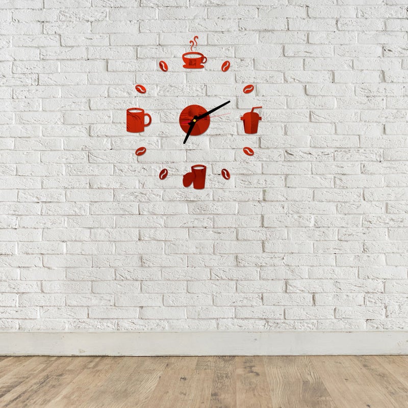 Frameless DIY Wall Clock Coffe Drinking Cups Adhesive Modern Art Wall Clock Silent 3D Sticker Home Decorations for Living Room Bedroom - Red ( -004) - Image 5